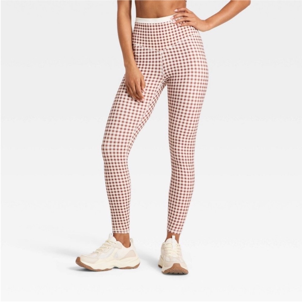 NWT Women's High-Rise Piped 7/8 Leggings - JoyLab Brown Gingham - Picture 2 of 3